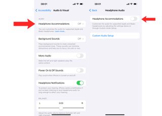 Steps for adjusting headphone accommodation on iOS Settings.