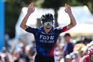 GEELONG AUSTRALIA FEBRUARY 01 Ally Wollaston of New Zealand and Team FDJ Suez celebrates at finish line as race winner during the 9th Cadel Evans Great Ocean Road Race 2025 Womens Elite a 1418km one day race from Geelong to Geelong UCIWWT on February 01 2025 in Geelong Australia Photo by Dario BelingheriGetty Images