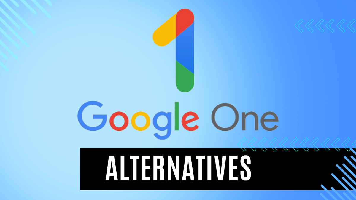 Google One logo on a gradient blue background, with the word &#039;alternatives&#039; underneath