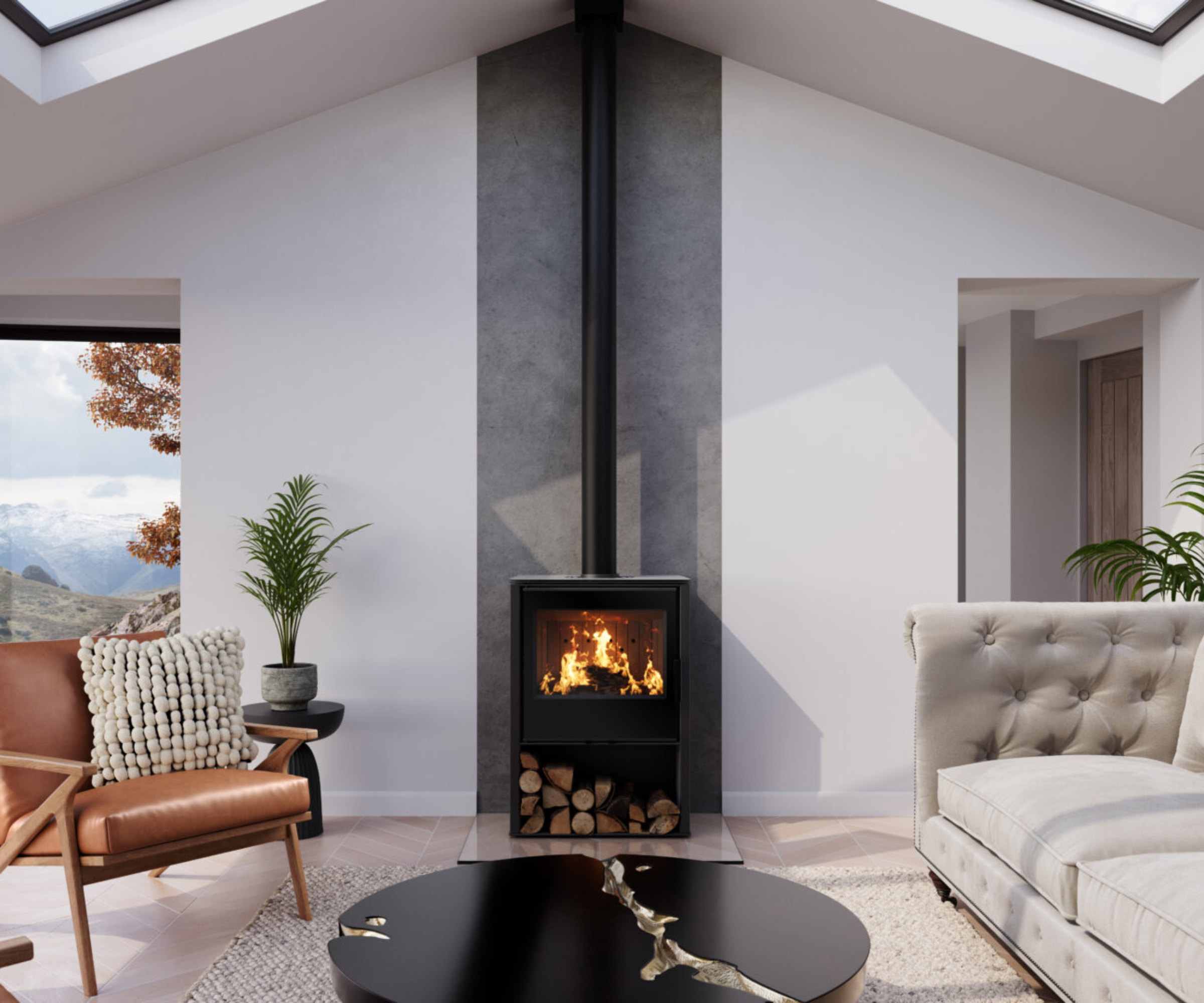 black log burner in living room with grey tiled panel behind reaching from floor to ceiling