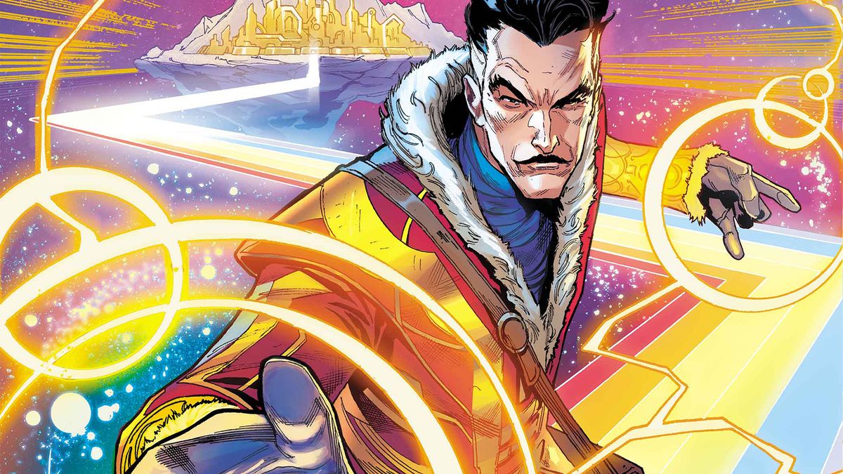 Doctor Strange on the Rainbow Bridge with Asgard in the background