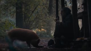 Nicolas Cage eating with his truffle pig in Pig