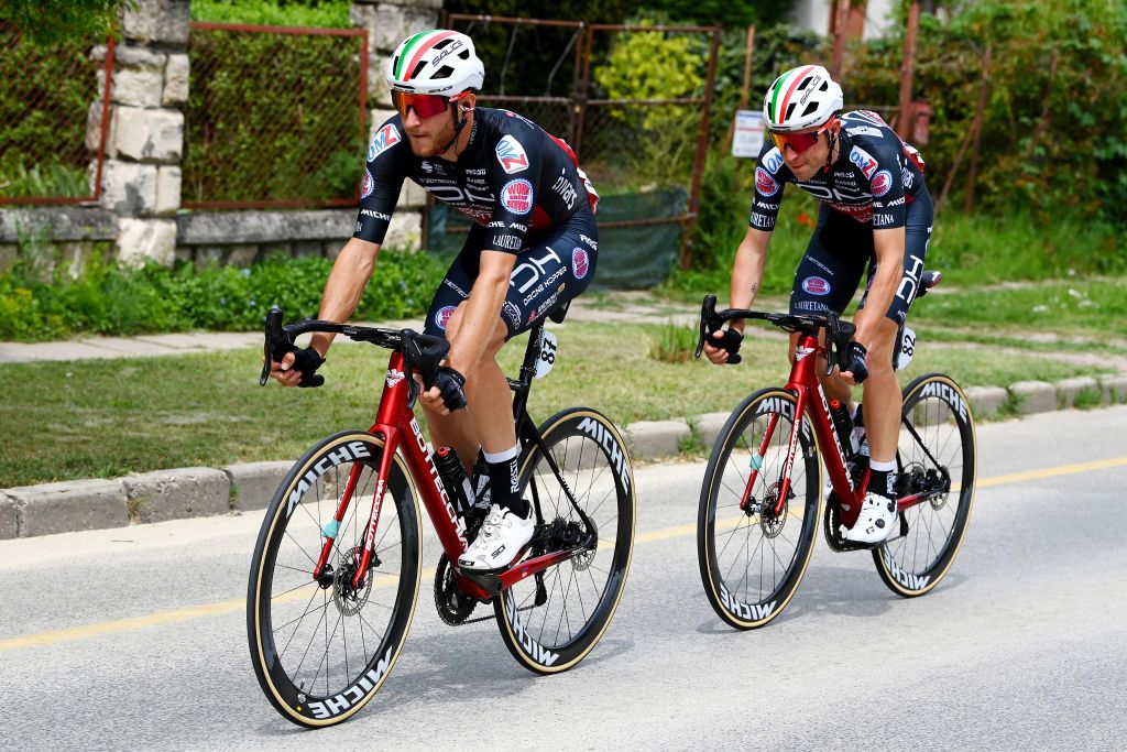 VISEGRAD HUNGARY MAY 06 Filippo Tagliani of Italy and Mattia Bais of Italy and Team Drone Hopper Androni Giocattoli Sidermec compete in the breakaway during the 105th Giro dItalia 2022 Stage 1 a 195km stage from Budapest to Visegrd 337m Giro WorldTour on May 06 2022 in Visegrad Hungary Photo by Tim de WaeleGetty Images
