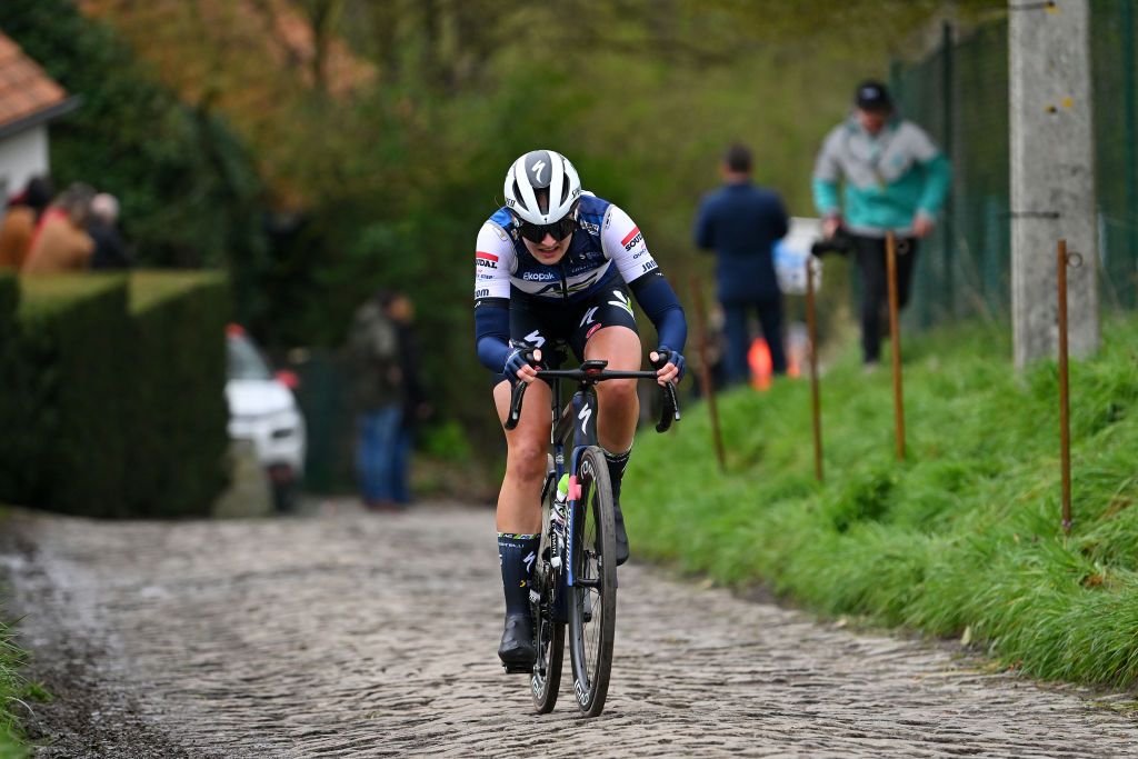 OUDENAARDE BELGIUM APRIL 02 Ally Wollaston of New Zealand and AG InsuranceSoudal QuickStep Team competes in the breakaway during the 20th Ronde van Vlaanderen Tour des Flandres 2023 Womens Elite a 1566km one day race from Oudenaarde to Oudenaarde UCIWWT on April 02 2023 in Oudenaarde Belgium Photo by Luc ClaessenGetty Images