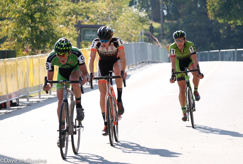 Gage Hecht (Alpha Bicycle) leading Spencer Petrov and Curtis White with two laps remaining