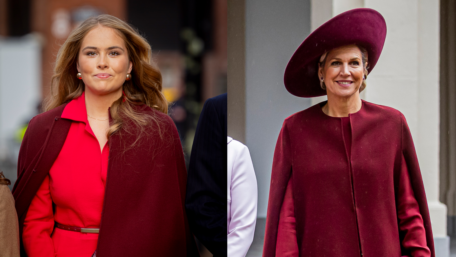 Princess Catharina-Amalia smiling in a red dress and burgundy cape; Queen Maxima in the same burgundy cape and a matching hat