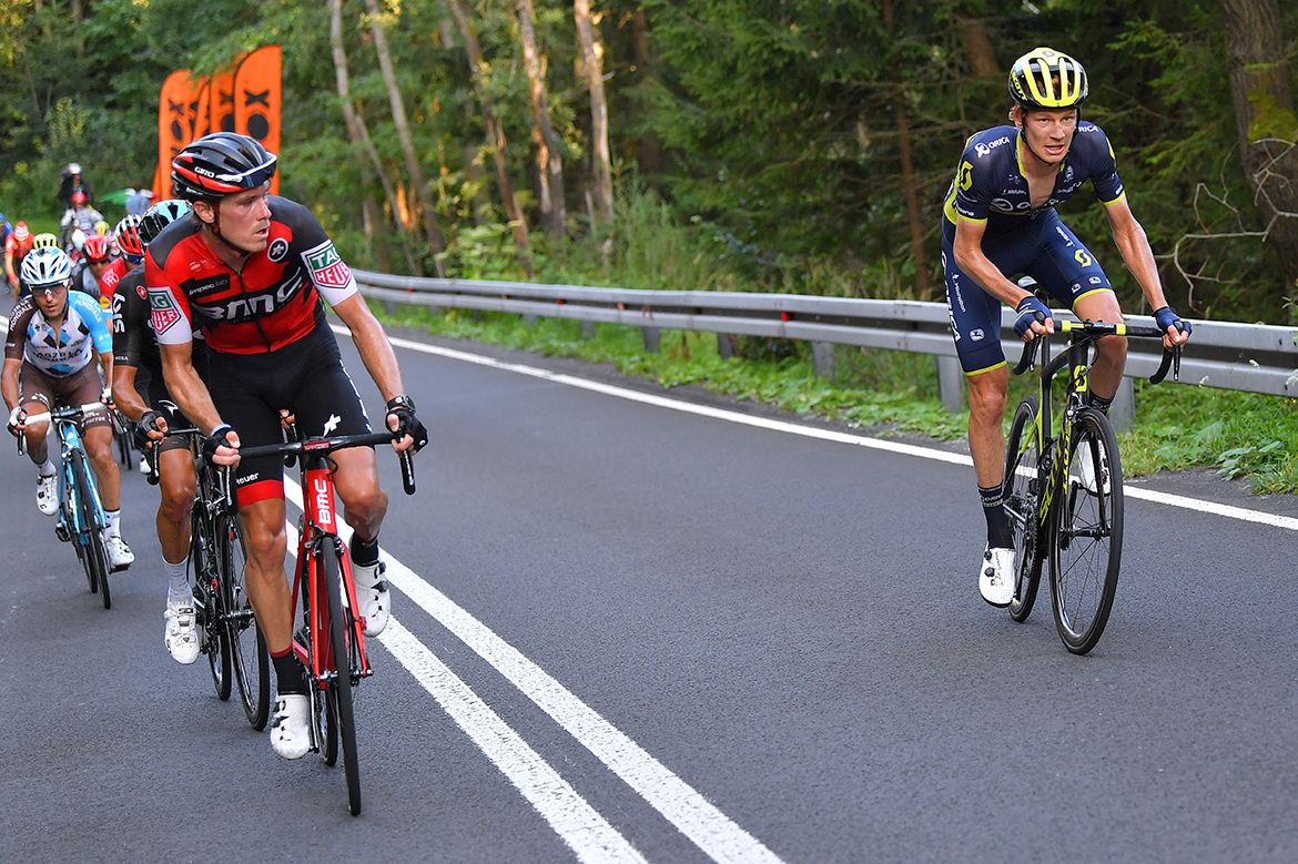 Rohan Dennis (BMC) watches as compatriot Jack Haig (Orica-Scott) attacks