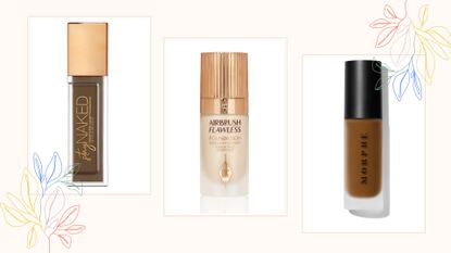 Three of the best lightweight foundations in a collage, includng Morphe Charlotte Tilbury and Urban Decay