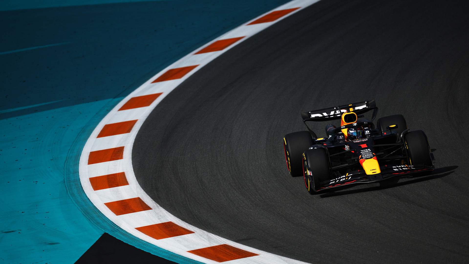Max Verstappen driving his Red Bull around a bend at the Miami Grand Prix 2025