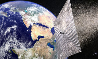 An illustration of the LightSail 2 spacecraft disintegrating in Earth's atmosphere.
