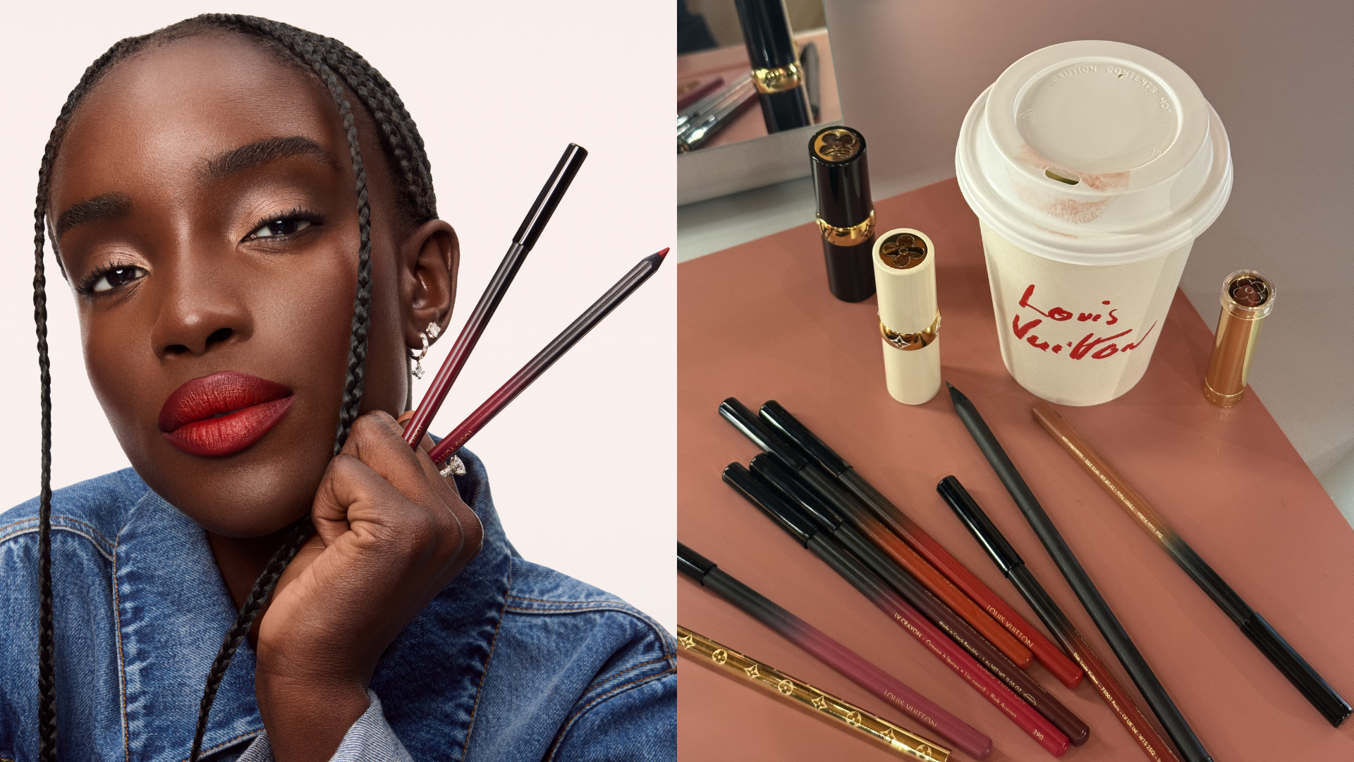 Photo collage of a LV Lip Crayon campaign image next to Louis Vuitton makeup products and a branded coffee cup