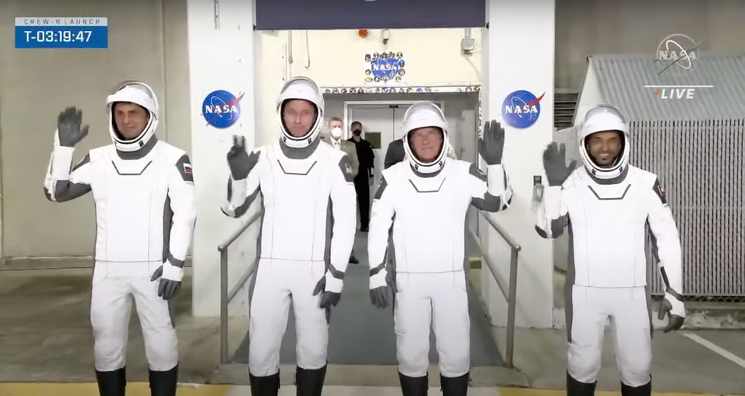 The Crew-6 astronauts walk out from their crew quarters at NASA's Kennedy Space Center on March 1, 2023 ahead of their planned launch early on the morning of March 2.