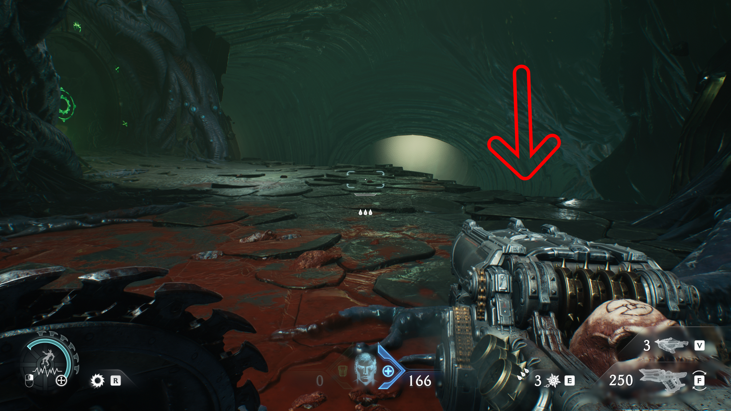 Doom: The Dark Ages Chapter 15 secrets collectibles City of Ry'uul - An arrow pointing off a ledge, revealing a hidden area below.