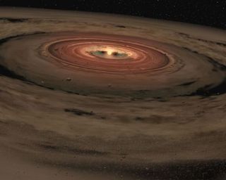 A brood of planets comes into being around a star, forming piecemeal from the collision of ever-growing chunks of material. Most moons are thought to originate in a similar manner around their host planets.