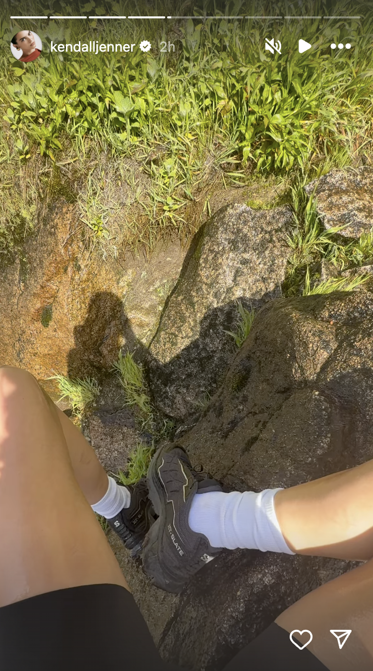 Kendall Jenner wears black Salomon sneakers on a hike in California.