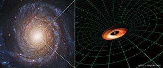 This Hubble Space Telescope image of the spiral galaxy NGC 3147 (left) is shown next to an artist's illustration of the supermassive black hole residing at the galaxy’s core.