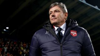 Serbia manager Dragan Stoijkovic looks on prior to the UEFA EURO 2024 qualifying round group B match between Montenegro and Serbia at Podgorica City Stadium on March 27, 2023 in Podgorica, Montenegro.
