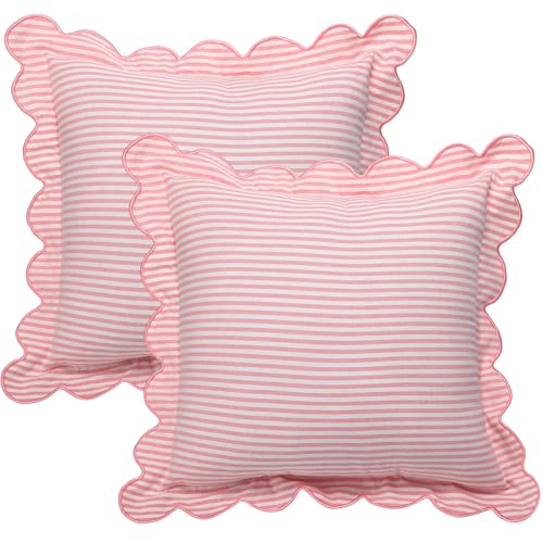Newwiee 2 Pack Scalloped Pink Pillow Cover 18 X 18 Inch Pink Stripe Throw Pillow Cover Cotton Decorative Pillowcase for Women Men Couch Living Room Cushion Indoor Outdoor Decoration