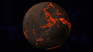 Earth shown with no water with cracks in the surface where orange magma can be seen on black background of space