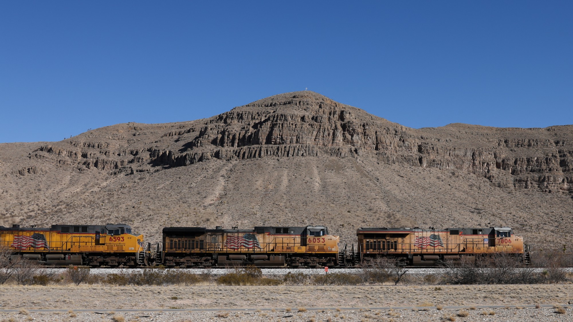 A freight train travels through the desert in Salt Flat, Texas. 