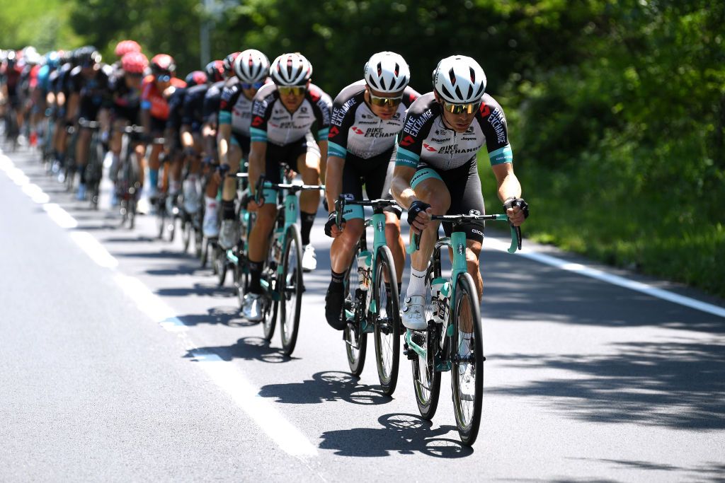 ALPE DI MERA VALSESIA ITALY MAY 28 Michael Hepburn of Australia and Team BikeExchange leads The Peloton during the 104th Giro dItalia 2021 Stage 19 a 166km stage from Abbiategrasso to Alpe di Mera Valsesia 1531m Stage modified due to the tragic events on May the 23rd 2021 that involved the Mottarone Cableway UCIworldtour girodiitalia Giro on May 28 2021 in Alpe di Mera Valsesia Italy Photo by Tim de WaeleGetty Images