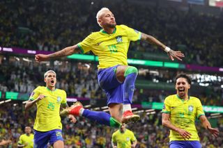 Neymar celebrates after scoring for Brazil against Croatia at the 2022 World Cup.