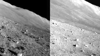 two pictures of a big hill on the moon and rocks in front, in black and white