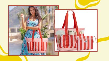 a model holding the amazon beach bag next to a still life shot