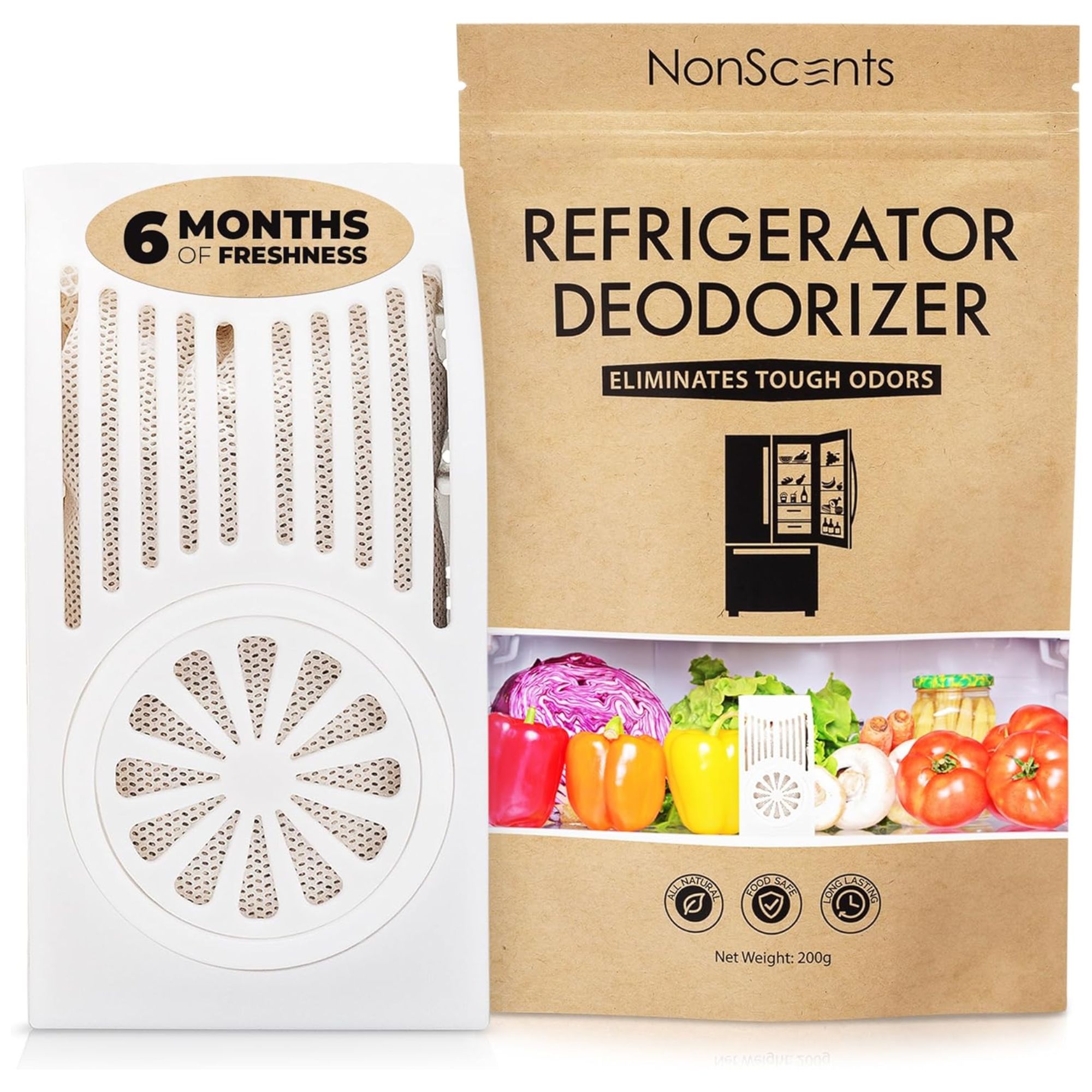 A white refrigerator deodorizer next to a brown cardboard packaging bag