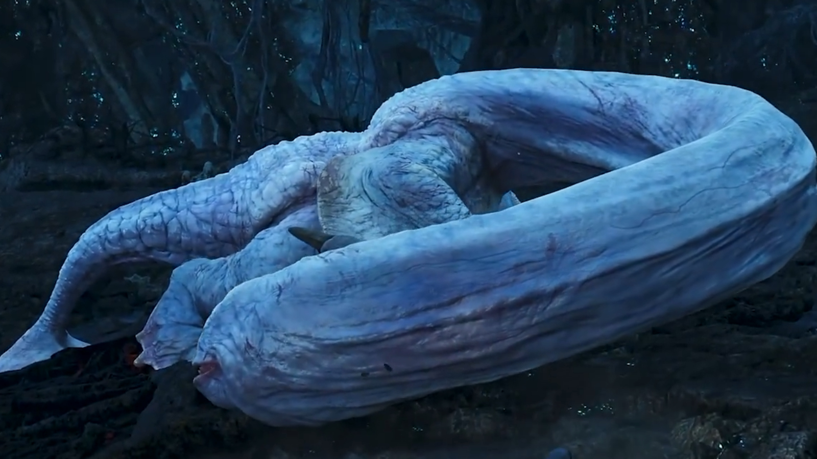 An extended khezu, with visible veins along the length of its stretched neck.