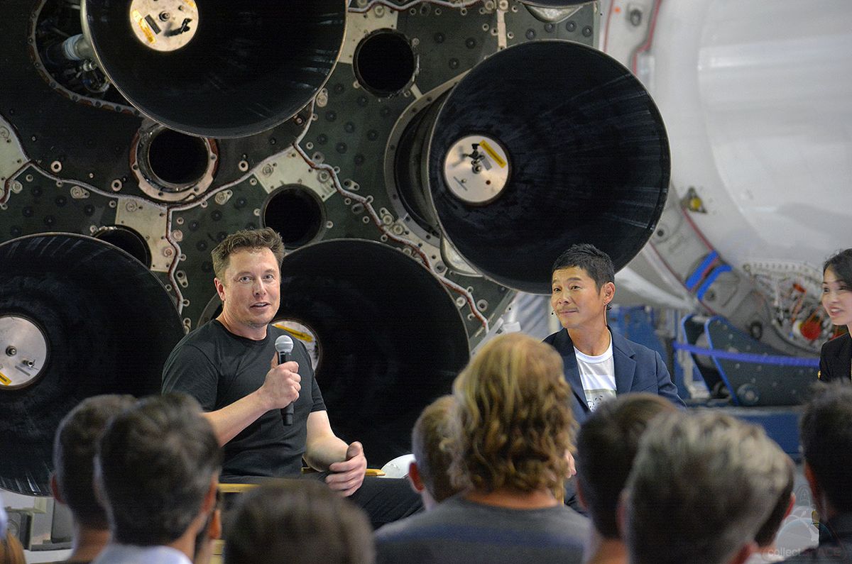 SpaceX CEO Elon Musk (at left) introduced Japanese billionaire Yusaku Maezawa as the first private passenger on SpaceX's BFR mission to the moon at a press conference held Monday, Sept. 17, 2018 at the company's headquarters in Hawthorne, California. Maezawa intends to select six to eight artists to fly with him on the lunar trip, which is targeted for launch in 2023.