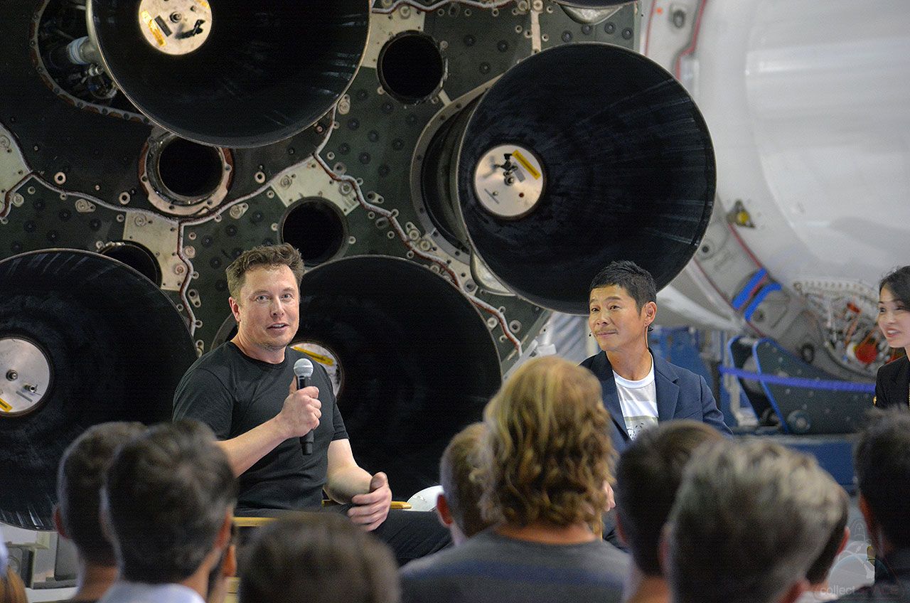 SpaceX CEO Elon Musk (at left) introduced Japanese billionaire Yusaku Maezawa as the first private passenger on SpaceX's BFR mission to the moon at a press conference held Monday, Sept. 17, 2018 at the company's headquarters in Hawthorne, California. Maezawa intends to select six to eight artists to fly with him on the lunar trip, which is targeted for launch in 2023.