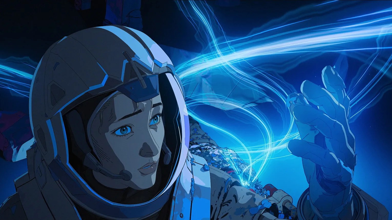 Screenshot from the animated tv series Love, Death & Robots. This still is from the episode The Very Pulse of the Machine. On the left we see a female astronaut staring at her hand. In the background is a celestial blue swirl.