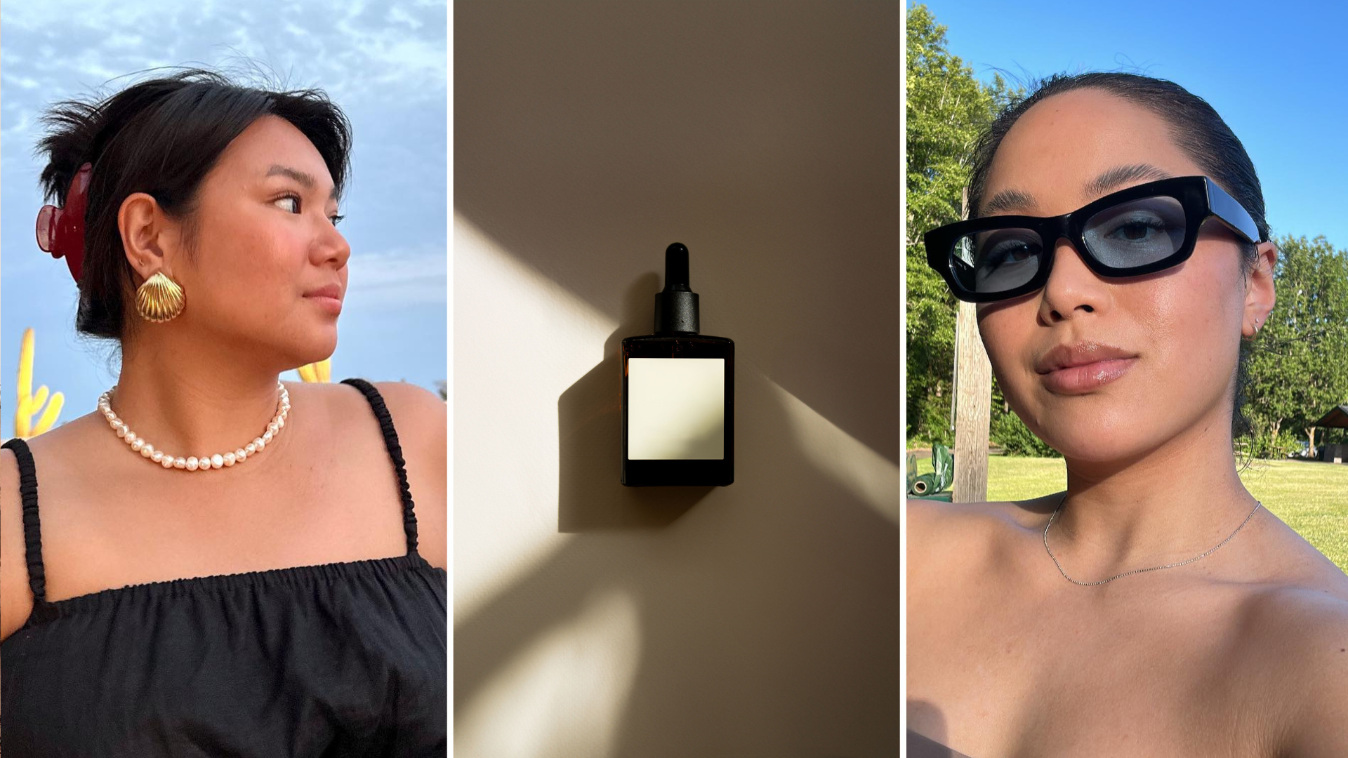 Collage of women with glowing skin and a bottle of serum 