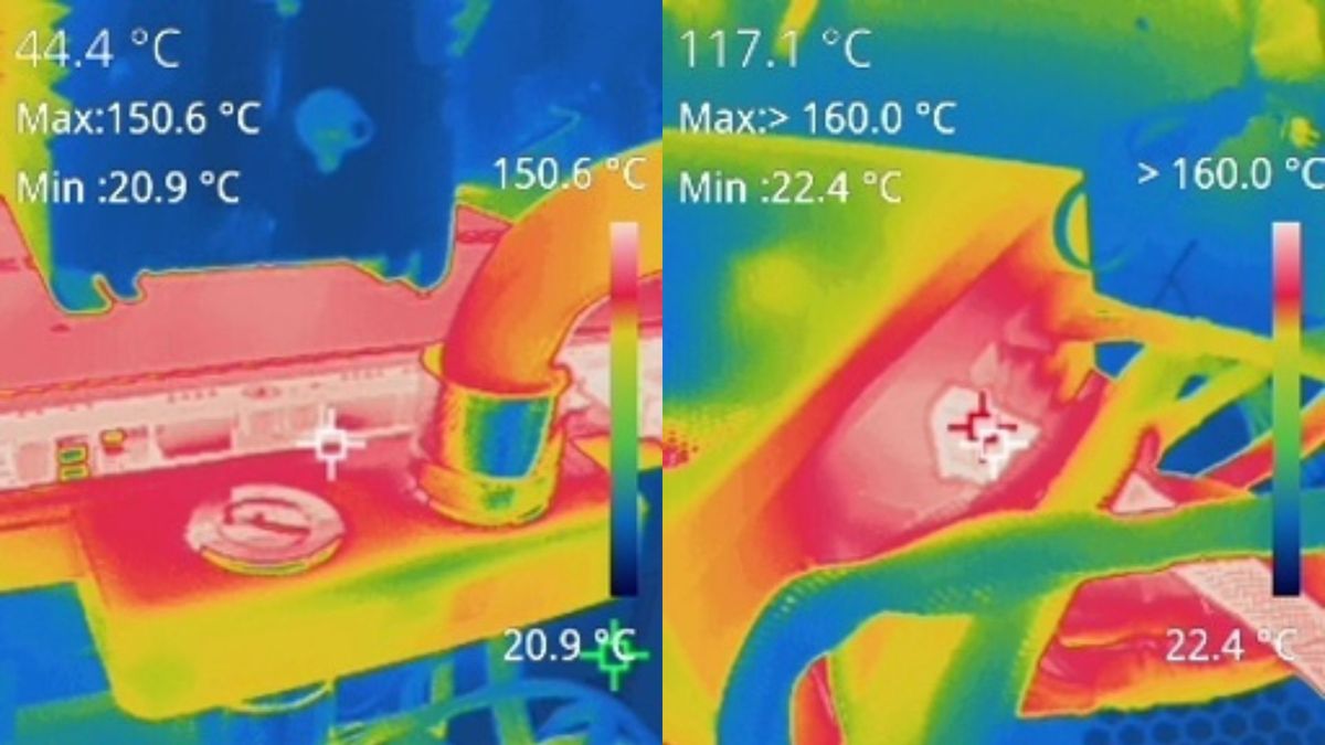 Screenshot of two thermal photos showing high temperatures on an Nvidia GeForce RTX 5090 and its connected power supply unit