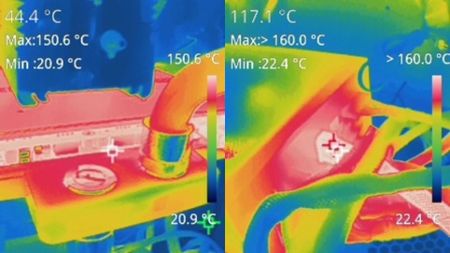 Screenshot of two thermal photos showing high temperatures on an Nvidia GeForce RTX 5090 and its connected power supply unit