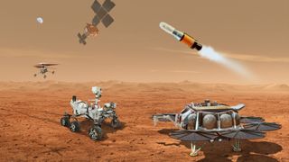 a circular machine on four legs launches a small rocket from the surface of a dusty reddish-orange planet