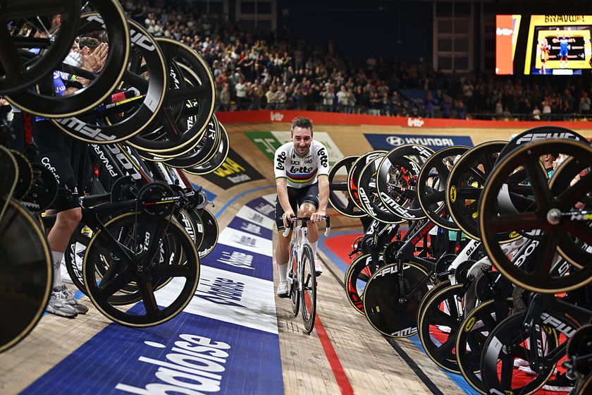 GENT, BELGIUM - NOVEMBER 23: Elia Viviani of Italy and Team Lotto honoured in his farewell as a professional cyclist during Day 6 of the 84th 6 Days Gent 2025 at The Kuipke Velodrome on November 23, 2025 in Gent, Belgium. (Photo by Luc Claessen/Getty Images)
