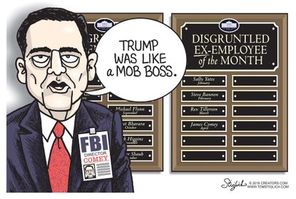 Political cartoon U.S. James Comey book A Higher Loyalty Trump White House chaos revolving door