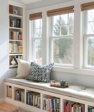 built-in window seat with cushions and built-in shelving