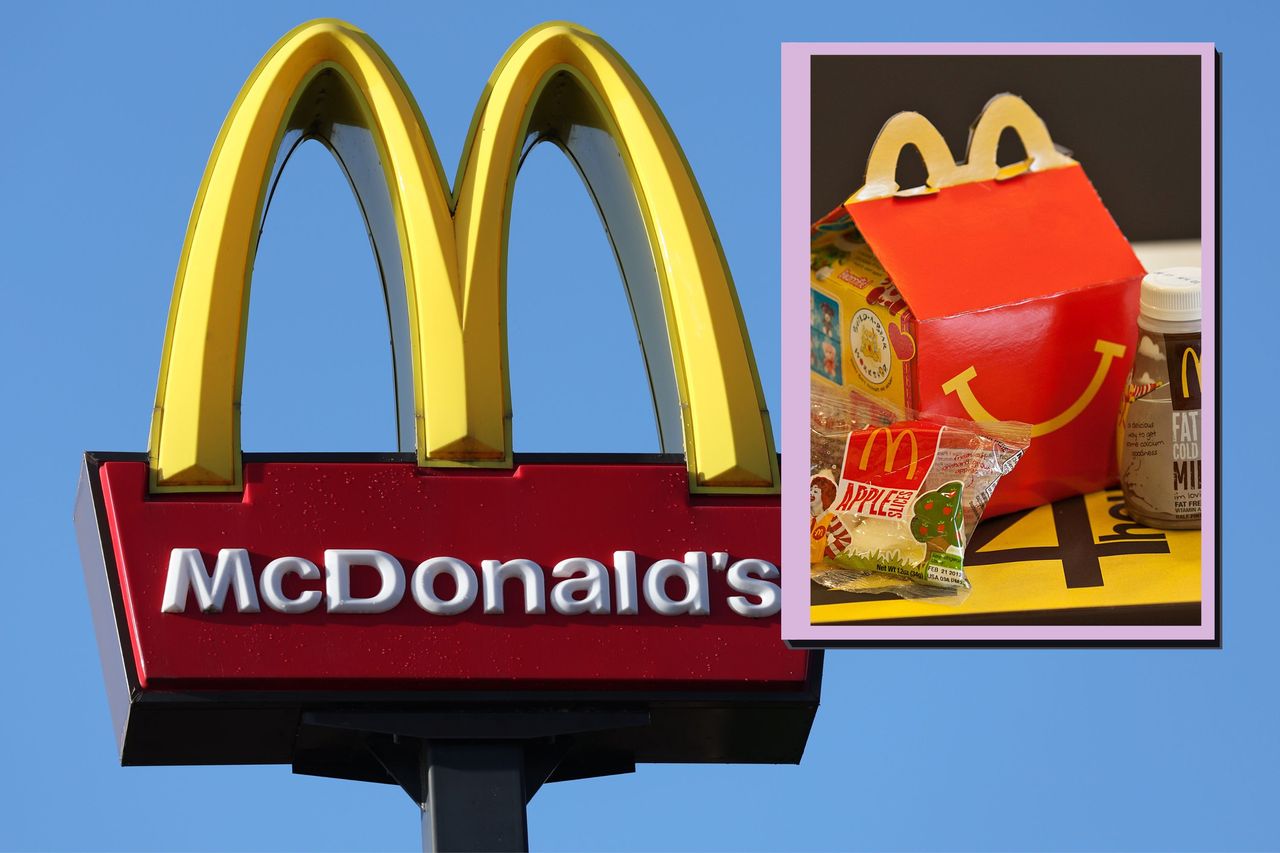 A collage of a McDonald&#039;s sign and a Happy Meal