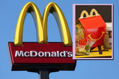 A collage of a McDonald's sign and a Happy Meal