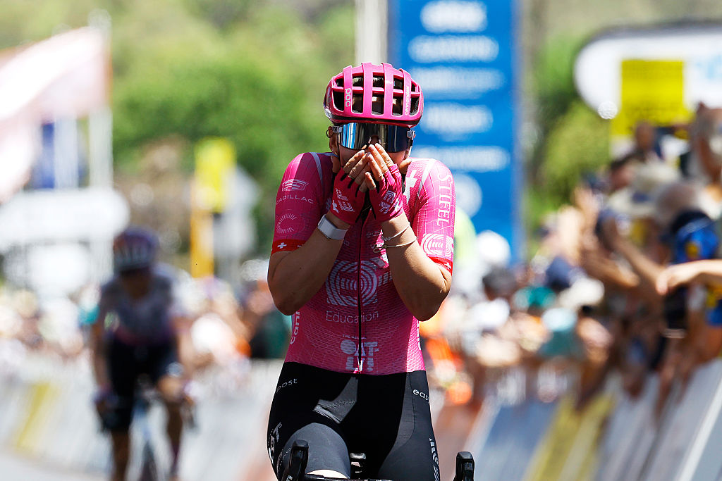 CAMPBELLTOWN, AUSTRALIA - JANUARY 19: Noemi Ruegg of Switzerland and Team EF Education-Oatly celebrates at finish line as stage winner during the 10th Santos Women&amp;amp;apos;s Tour Down Under 2026, Stage 3 a 126.5km stage from Norwood to Campbelltown / #UCIWWT / on January 19, 2026 in Campbelltown, Australia. (Photo by Con Chronis/Getty Images)