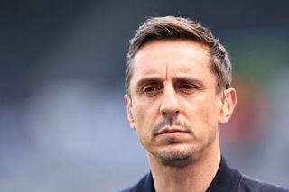 Gary Neville working as a TV pundit for Sky Sports ahead of the Premier League match between Newcastle United and Arsenal FC at St. James Park on May 7, 2023 in Newcastle upon Tyne, United Kingdom