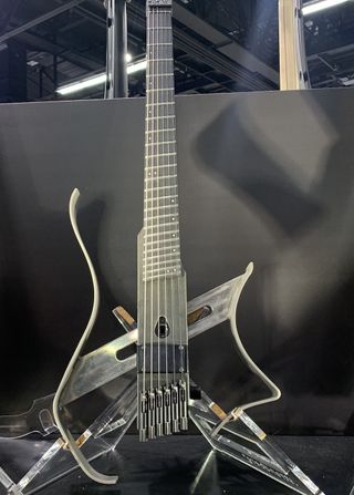 Strandberg's Boden Meloria travel guitar, displayed at the 2023 NAMM show