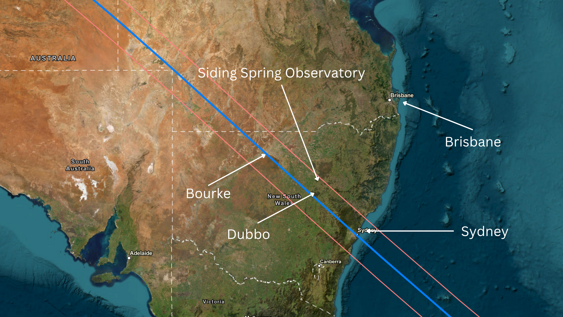 map showing the path of the total solar eclipse across Australia.