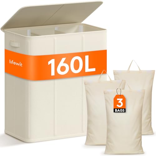 Lifewit 160l Extra Large Laundry Hamper With Lid, Laundry Basket 3 Section With Removable Washing Bags, Divided 3 Compartments Laundry Sorter Organizer for Bedroom Bathroom Laundry Room,