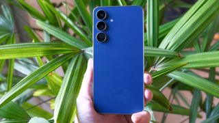 Samsung Galaxy S25 FE in hand with long green leaves behind