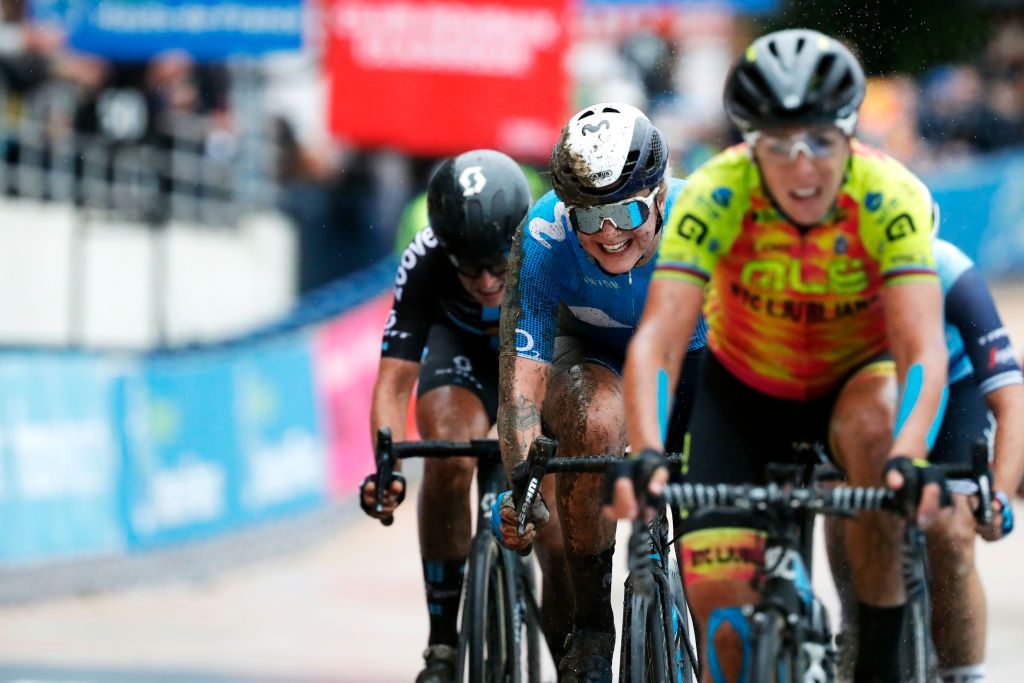 ROUBAIX FRANCE OCTOBER 02 Emma Norsgaard Jorgensen of Denmark and Movistar Team crosses the finishing line in the Roubaix Velodrome Vlodrome Andr Ptrieux during the 1st ParisRoubaix 2021 Womens Elite a 1164km race from Denain to Roubaix ParisRoubaixFemmes ParisRoubaix on October 02 2021 in Roubaix France Photo by Bas CzerwinskiGetty Images