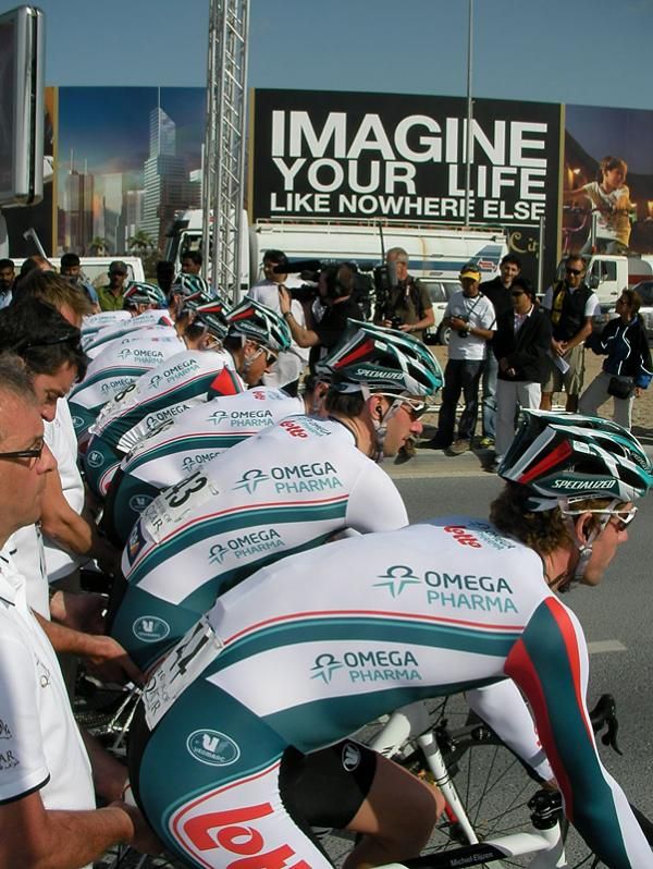 Omega Pharma lines up for the start of the team time trial in Qatar.